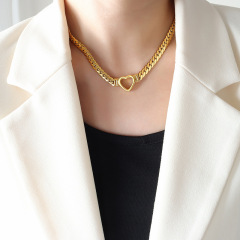 European and American fashion retro irregular wide design titanium steel metal hollow heart necklace bracelet