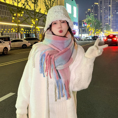 2024 New Arrival Fairy Pink Gradient Korean-style Tassel Mohair Scarf for Women Winter Warm Neck Wrap Faux Cashmere Scarf