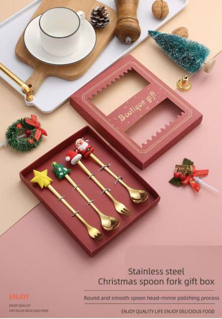 Stainless steel spoon with high aesthetic value, Christmas tree fork, dessert spoon, coffee spoon, fruit fork, Christmas tableware gift box