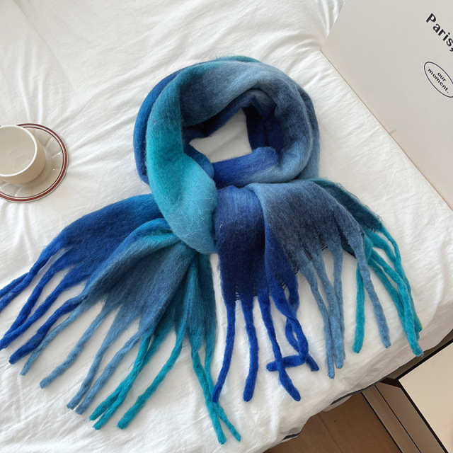 2024 New Arrival Fairy Pink Gradient Korean-style Tassel Mohair Scarf for Women Winter Warm Neck Wrap Faux Cashmere Scarf