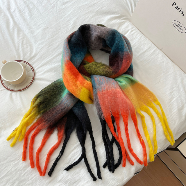 2024 New Arrival Fairy Pink Gradient Korean-style Tassel Mohair Scarf for Women Winter Warm Neck Wrap Faux Cashmere Scarf