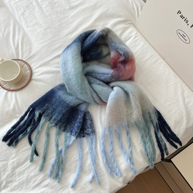 2024 New Arrival Fairy Pink Gradient Korean-style Tassel Mohair Scarf for Women Winter Warm Neck Wrap Faux Cashmere Scarf