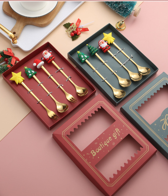 Stainless steel spoon with high aesthetic value, Christmas tree fork, dessert spoon, coffee spoon, fruit fork, Christmas tableware gift box