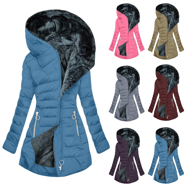 Women's Winter Fashion Fur-Collar Cotton Coat - Slim Fit Long Sleeve Zip-Up Hooded Parka, Warm and Cozy