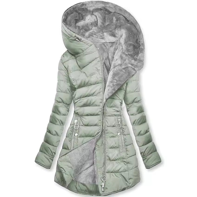 Women's Winter Fashion Fur-Collar Cotton Coat - Slim Fit Long Sleeve Zip-Up Hooded Parka, Warm and Cozy