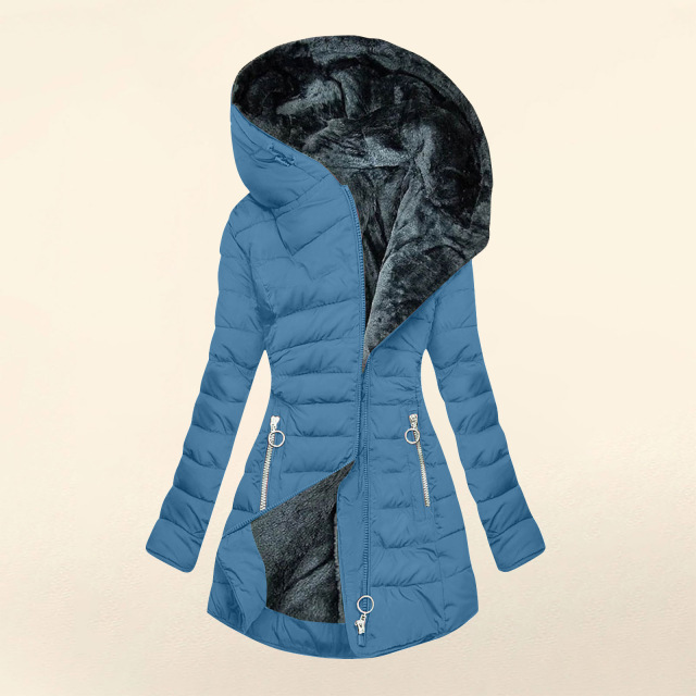 Women's Winter Fashion Fur-Collar Cotton Coat - Slim Fit Long Sleeve Zip-Up Hooded Parka, Warm and Cozy
