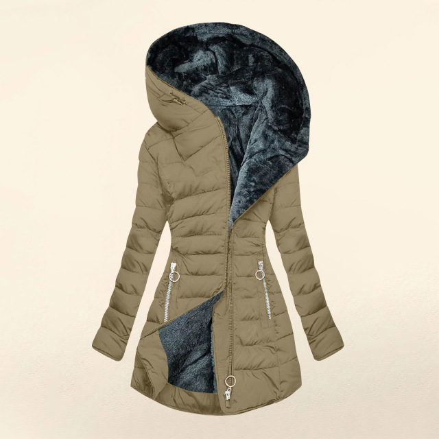 Women's Winter Fashion Fur-Collar Cotton Coat - Slim Fit Long Sleeve Zip-Up Hooded Parka, Warm and Cozy