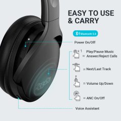 233621 Hush Active Noise Cancelling Headphones with Microphone [100 Hrs Playtime] Wireless Over Ear ANC Headphones Wireless Bluetooth Headphones with Custom App Comfort Fit for Home Office(Cozmo)