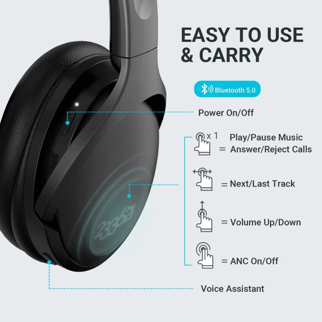 233621 Hush Active Noise Cancelling Headphones with Microphone [100 Hrs Playtime] Wireless Over Ear ANC Headphones Wireless Bluetooth Headphones with Custom App Comfort Fit for Home Office(Cozmo)