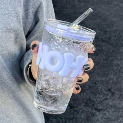Glitter Ice Glass Cup 500ml Aesthetic Tumbler - Leakproof Straw Lid, Ins Style Crushed Ice Visual Cup, #InstaCup Gift for Her (Purple/Pink/Yellow)