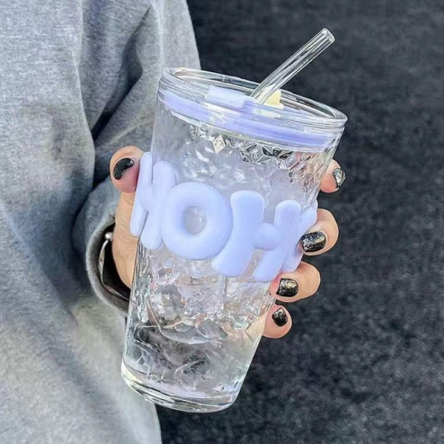 Glitter Ice Glass Cup 500ml Aesthetic Tumbler - Leakproof Straw Lid, Ins Style Crushed Ice Visual Cup, #InstaCup Gift for Her (Purple/Pink/Yellow)