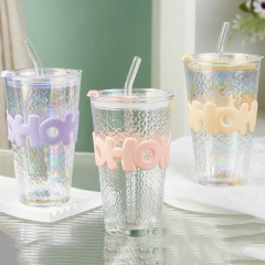 Glitter Ice Glass Cup 500ml Aesthetic Tumbler - Leakproof Straw Lid, Ins Style Crushed Ice Visual Cup, #InstaCup Gift for Her (Purple/Pink/Yellow)