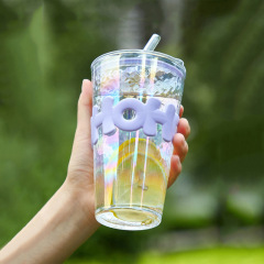 Glitter Ice Glass Cup 500ml Aesthetic Tumbler - Leakproof Straw Lid, Ins Style Crushed Ice Visual Cup, #InstaCup Gift for Her (Purple/Pink/Yellow)