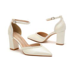 Pointed-Toe Block-Heel Cut-Out Ankle-Strap Hand-Pearled Evening Shoes