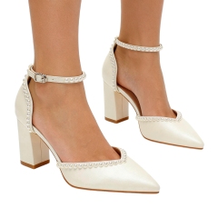 Pointed-Toe Block-Heel Cut-Out Ankle-Strap Hand-Pearled Evening Shoes