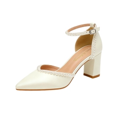Pointed-Toe Block-Heel Cut-Out Ankle-Strap Hand-Pearled Evening Shoes
