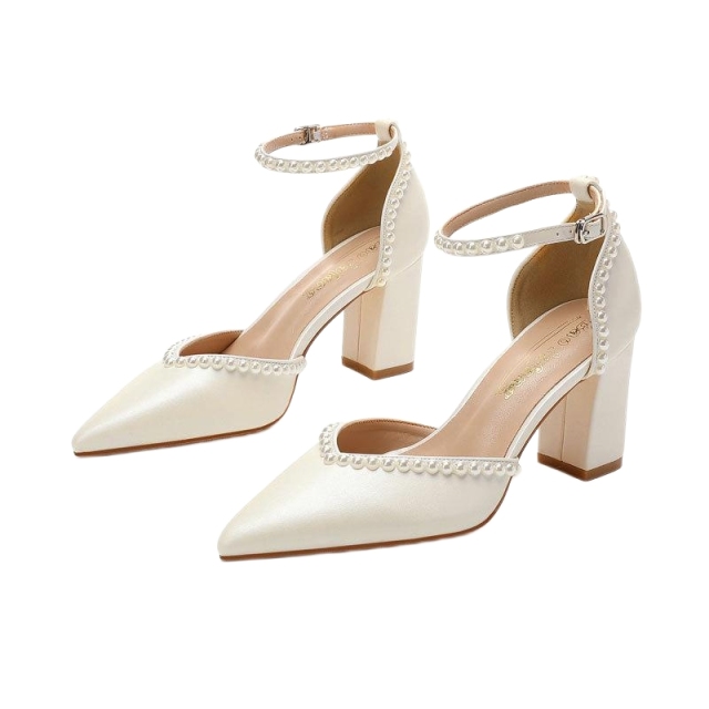 Pointed-Toe Block-Heel Cut-Out Ankle-Strap Hand-Pearled Evening Shoes