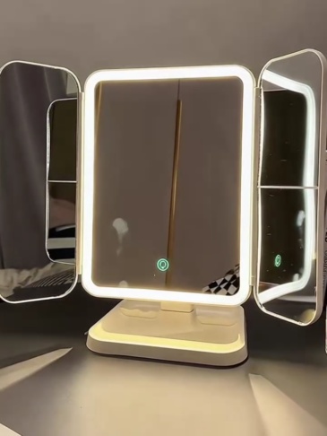 LED Desktop Makeup Mirror 2-in-1 Shell Three-Sided Foldable Vanity Mirror with Adjustable Double-Sided Mirrors