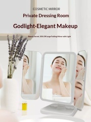 LED Desktop Makeup Mirror 2-in-1 Shell Three-Sided Foldable Vanity Mirror with Adjustable Double-Sided Mirrors