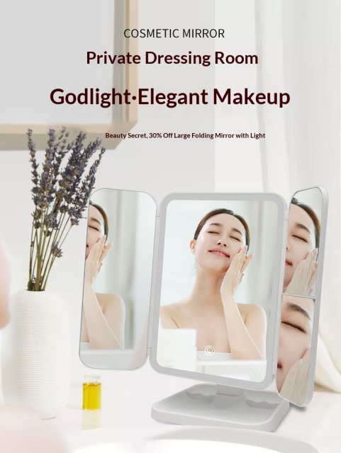 LED Desktop Makeup Mirror 2-in-1 Shell Three-Sided Foldable Vanity Mirror with Adjustable Double-Sided Mirrors