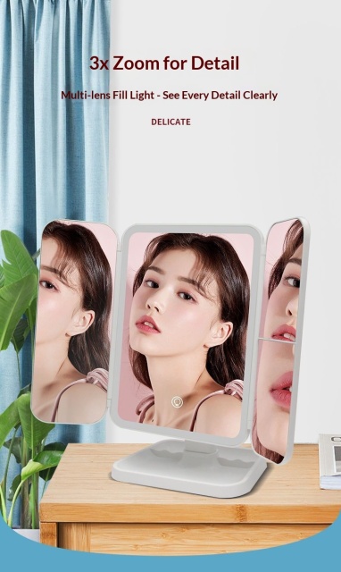 LED Desktop Makeup Mirror 2-in-1 Shell Three-Sided Foldable Vanity Mirror with Adjustable Double-Sided Mirrors