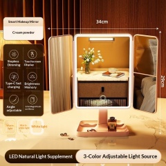 LED Desktop Makeup Mirror 2-in-1 Shell Three-Sided Foldable Vanity Mirror with Adjustable Double-Sided Mirrors