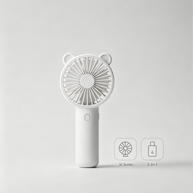 Bear Ear Handheld Portable Fan 2000mAh Power Bank with Built-in Dual Cables, 3 Speed LED Digital Display Mini Personal Cooling Fan for Office Outdoor Travel