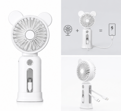 Bear Ear Handheld Portable Fan 2000mAh Power Bank with Built-in Dual Cables, 3 Speed LED Digital Display Mini Personal Cooling Fan for Office Outdoor Travel