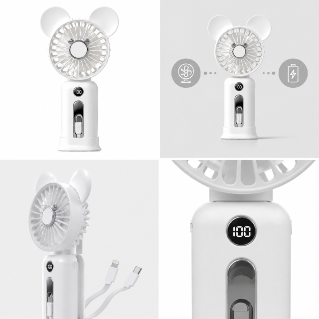 Bear Ear Handheld Portable Fan 2000mAh Power Bank with Built-in Dual Cables, 3 Speed LED Digital Display Mini Personal Cooling Fan for Office Outdoor Travel
