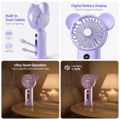Bear Ear Handheld Portable Fan 2000mAh Power Bank with Built-in Dual Cables, 3 Speed LED Digital Display Mini Personal Cooling Fan for Office Outdoor Travel