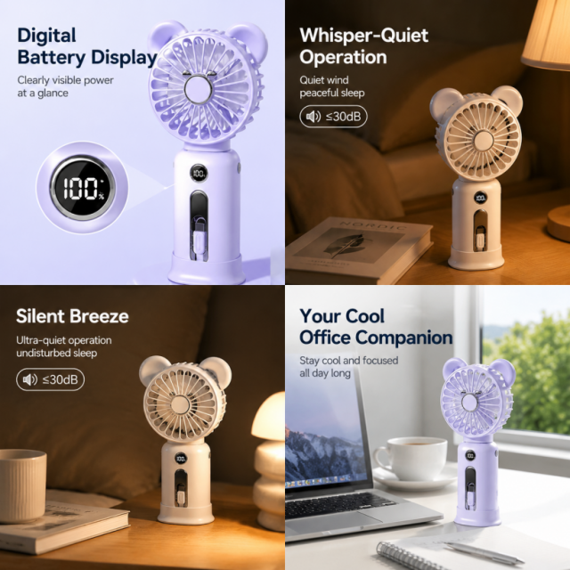 Bear Ear Handheld Portable Fan 2000mAh Power Bank with Built-in Dual Cables, 3 Speed LED Digital Display Mini Personal Cooling Fan for Office Outdoor Travel
