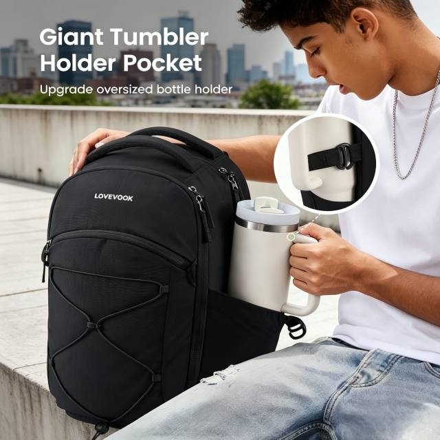 Everyday Laptop Backpack for Women & Men With Giant Tumbler Holder,15.6 Inch Classic Travel Work College Teacher Carry on Backpack Purse,Waterproof Computer laptop Bag Hiking Backpack,Black