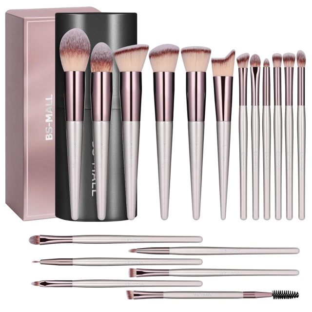 5Pcs Premium PBT Makeup Brushes Set, Rose Gold Metal Ferrule Matte Silver Handle, Soft Flawless Foundation Concealer Eye Blush Brow Brush with Portable Black Storage Tube