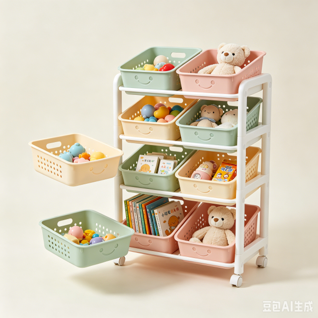 Kids Smiley Face Rolling Storage Cart, Detachable Macaron Baskets Toy Organizer Trolley, Movable Multi-Layer Storage Cart for Kids Bedroom Living Room Playroom Small Space