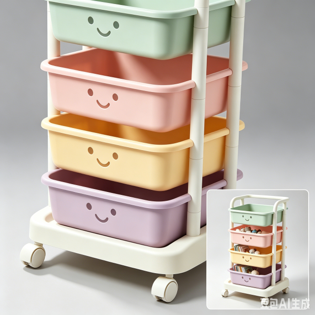 Kids Smiley Face Rolling Storage Cart, Detachable Macaron Baskets Toy Organizer Trolley, Movable Multi-Layer Storage Cart for Kids Bedroom Living Room Playroom Small Space