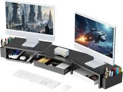 Adjustable Rotatable Dual Monitor Stand Riser for L-Shaped Corner Desk with Storage Drawer & Pen Holders