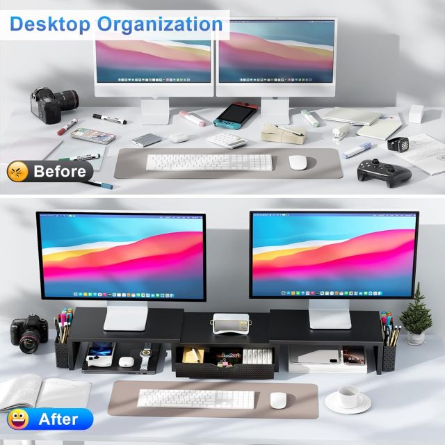 Adjustable Rotatable Dual Monitor Stand Riser for L-Shaped Corner Desk with Storage Drawer & Pen Holders