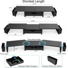 Adjustable Rotatable Dual Monitor Stand Riser for L-Shaped Corner Desk with Storage Drawer & Pen Holders