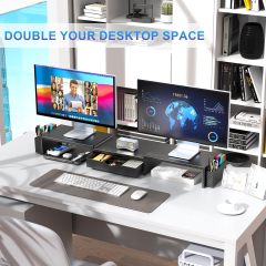 Adjustable Rotatable Dual Monitor Stand Riser for L-Shaped Corner Desk with Storage Drawer & Pen Holders