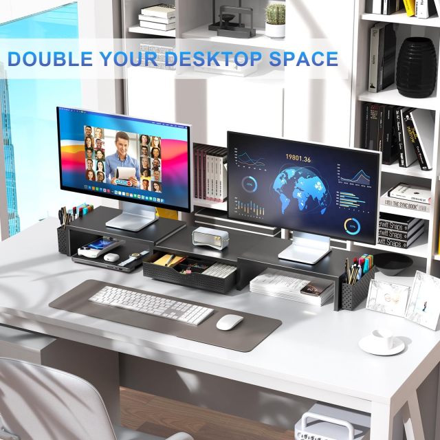 Adjustable Rotatable Dual Monitor Stand Riser for L-Shaped Corner Desk with Storage Drawer & Pen Holders