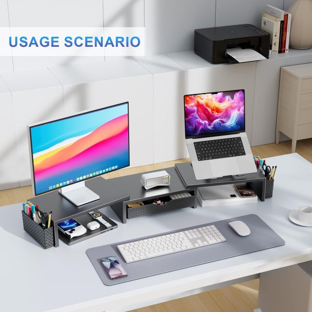 Adjustable Rotatable Dual Monitor Stand Riser for L-Shaped Corner Desk with Storage Drawer & Pen Holders