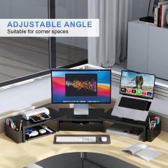 Adjustable Rotatable Dual Monitor Stand Riser for L-Shaped Corner Desk with Storage Drawer & Pen Holders