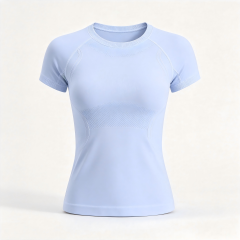Women Seamless Yoga Short Sleeve, Breathable Mesh 4-Way Stretch Workout Top, Slim Fit Quick Dry Athletic T-Shirt for Pilates Running