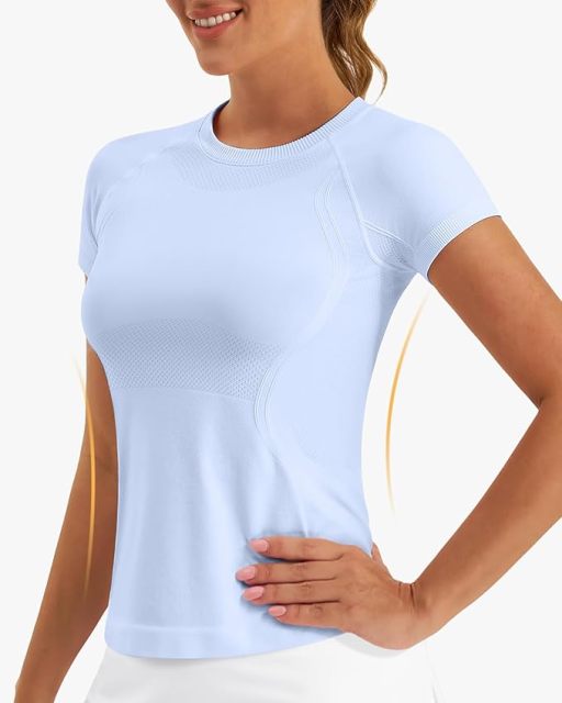 Women Seamless Yoga Short Sleeve, Breathable Mesh 4-Way Stretch Workout Top, Slim Fit Quick Dry Athletic T-Shirt for Pilates Running