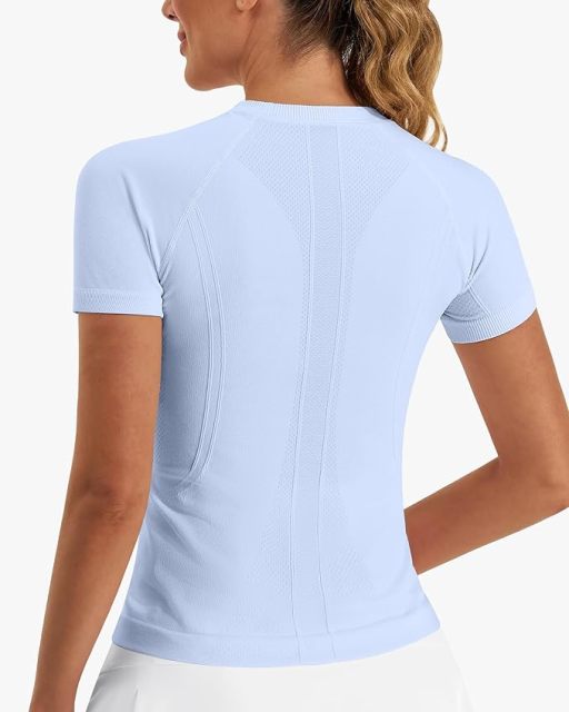 Women Seamless Yoga Short Sleeve, Breathable Mesh 4-Way Stretch Workout Top, Slim Fit Quick Dry Athletic T-Shirt for Pilates Running