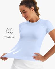 Women Seamless Yoga Short Sleeve, Breathable Mesh 4-Way Stretch Workout Top, Slim Fit Quick Dry Athletic T-Shirt for Pilates Running