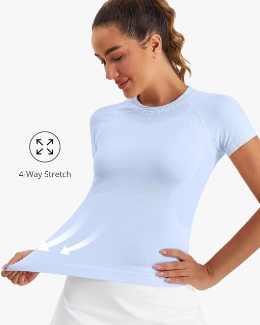 Women Seamless Yoga Short Sleeve, Breathable Mesh 4-Way Stretch Workout Top, Slim Fit Quick Dry Athletic T-Shirt for Pilates Running
