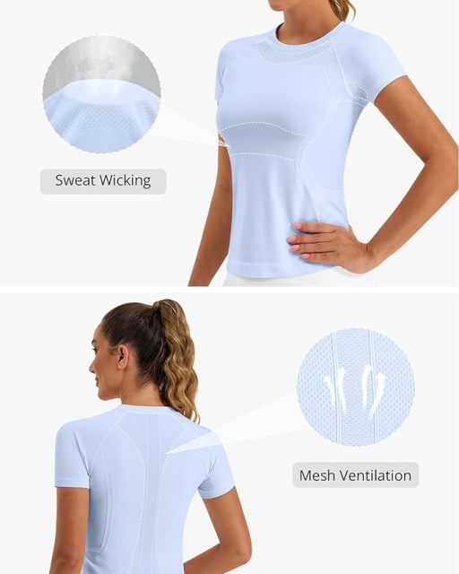 Women Seamless Yoga Short Sleeve, Breathable Mesh 4-Way Stretch Workout Top, Slim Fit Quick Dry Athletic T-Shirt for Pilates Running