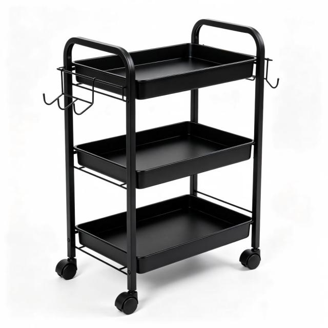 3-Tier Mini Narrow Gap Rolling Kitchen Cart with Foldable Side Hooks & Silent PU Brake Wheels
