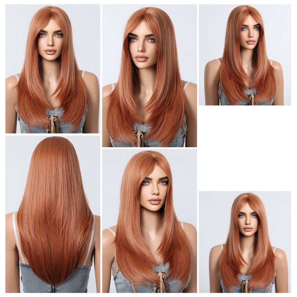 Auburn  Highlight Synthetic Wigs Long Silk Straight Wig  Middle Part Natural Brown Daily Wig Heat Resistant
